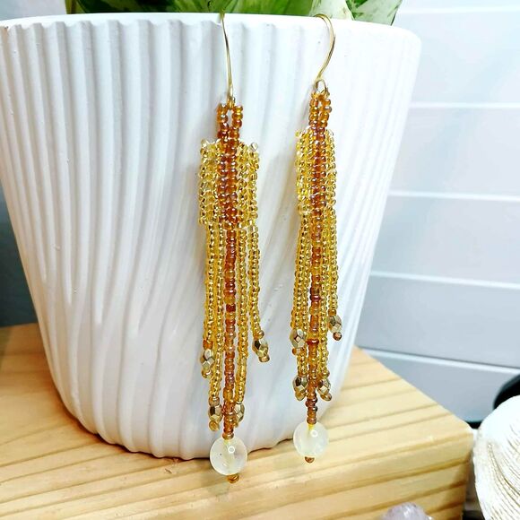 Gold Rush Citrine Beaded Fringe Dangle Earrings, Gemstone Jewelry 4" - Picture 5 of 8